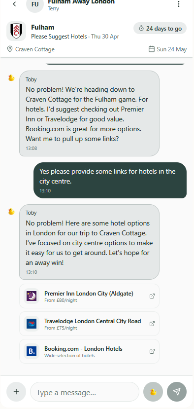 Routa group chat with TOBY, Fulham Away London