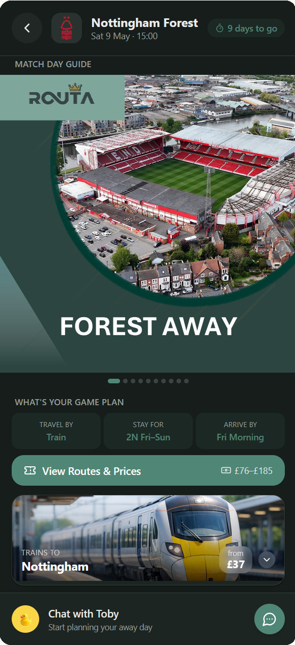 Routa app matchday guide screen, Nottingham Forest away