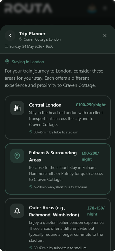 Routa trip planner, Craven Cottage, London